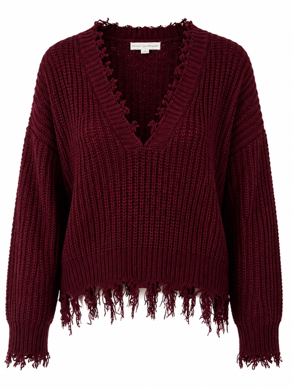 Coco + Jaimeson Burgundy Distressed Chunky Knit Sweater Medium Fringe Hem V-Neck